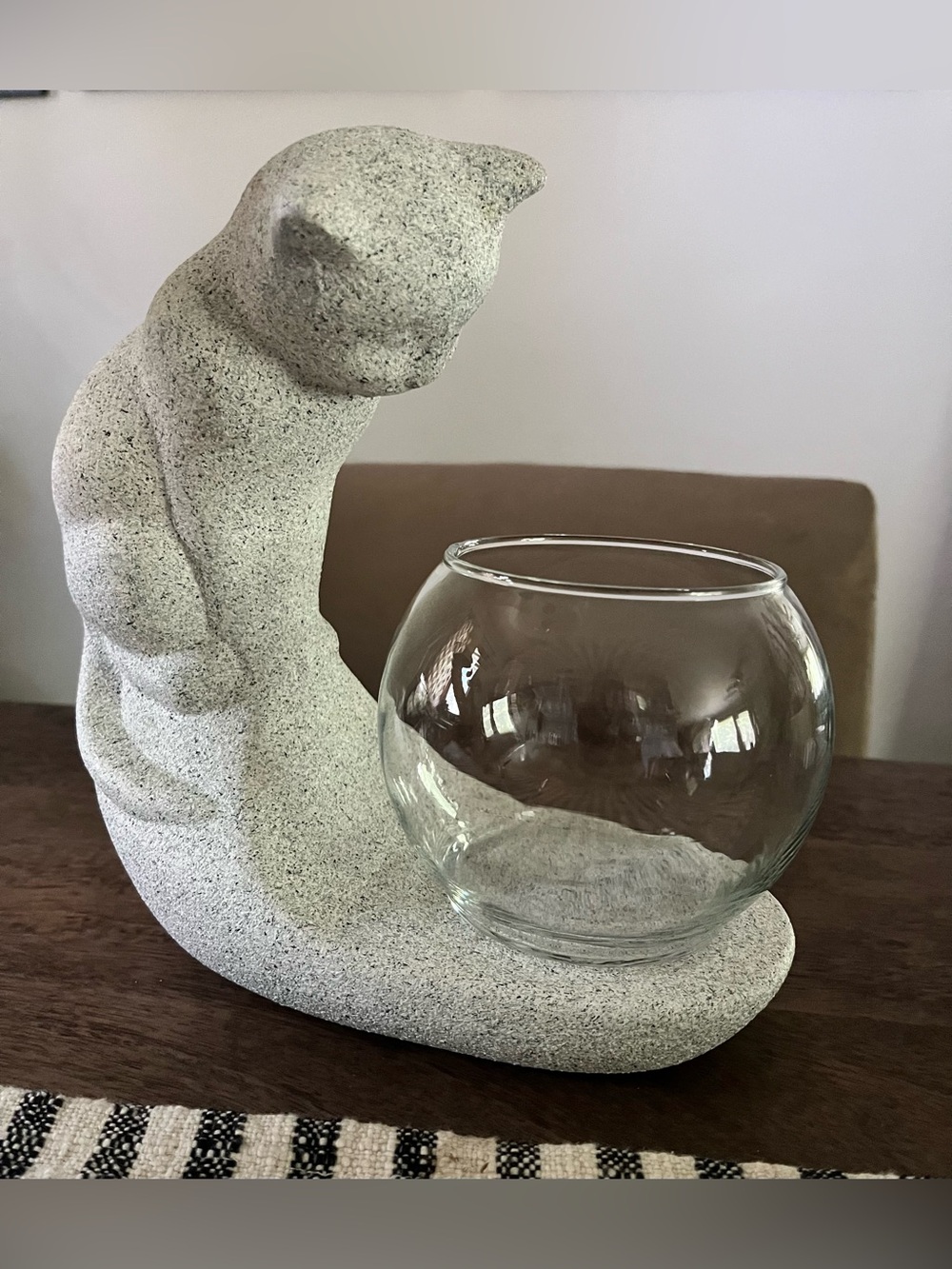 Vtg Haeger Pottery White Textured Cat Sculpture Figurine with Glass Fish Bowl